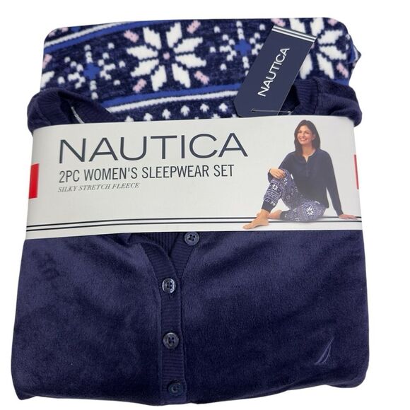 2PC NAUTICA SILKY STRETCH FLEECE SLEEPWEAR SET NWT MEDIUM 10-12 BLUE/WHITE - Picture 1 of 9